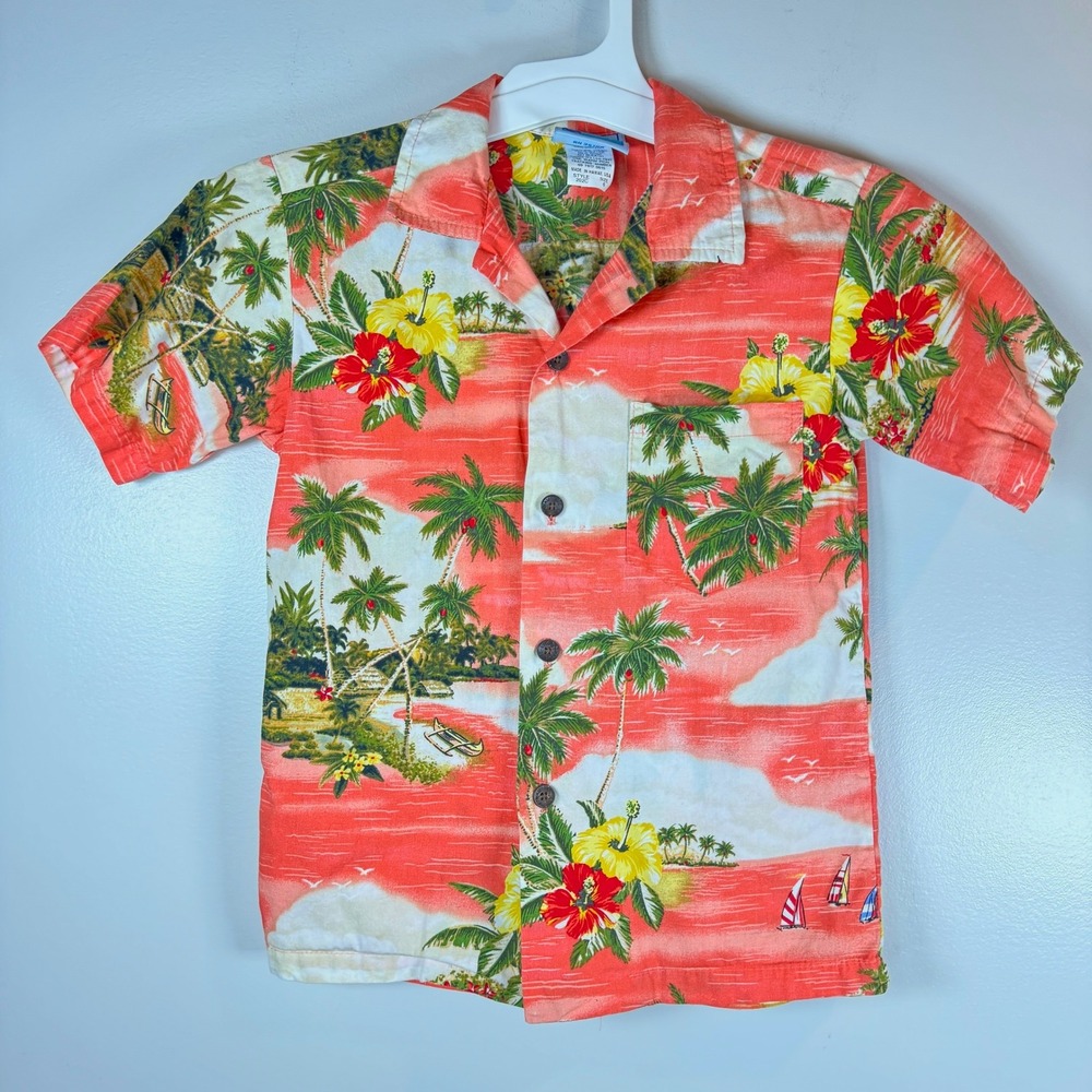 RJC Hawaiian Shirt‎ Boys 6 Coral Orange Tropical Hibiscus Made in Hawaii Aloha